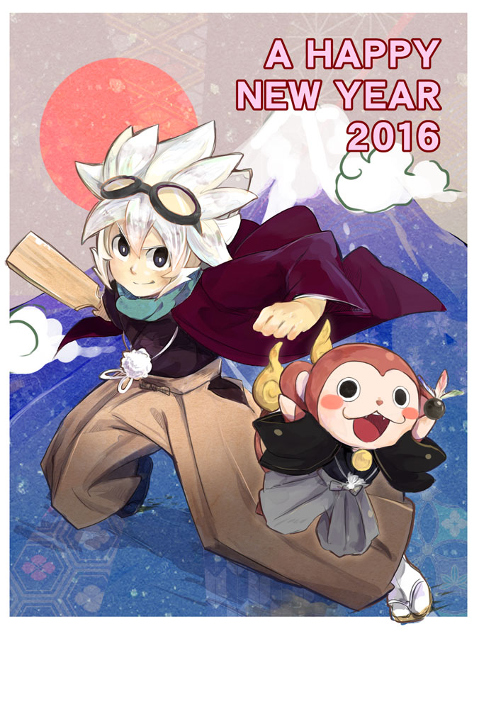1boy, 2016, asa_no_ha_(pattern), blush_stickers, clouds, dated, english, fangs