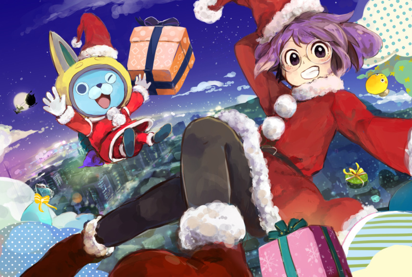 1girl, animal_ears, black_legwear, christmas, clouds, full_moon, glasses, hat