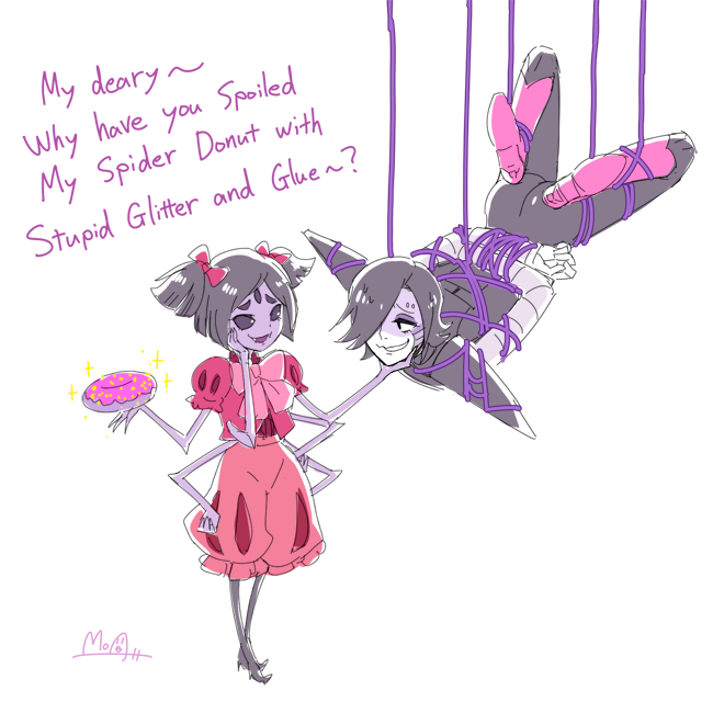 1boy, 1girl, artist_name, bdsm, black_hair, bondage, bound, bound_arms, doughnut, english, english_text, extra_arms, extra_eyes, fangs, food, glitter, grin, hand_on_another's_face, hand_on_own_face, hato_moa, insect_girl, mettaton, mettaton_ex, muffet, nervous, nervous_smile, robot, short_hair, short_twintails, silk, simple_background, smile, spider_girl, spider_web, text, tied_up, twintails, undertale, white_background