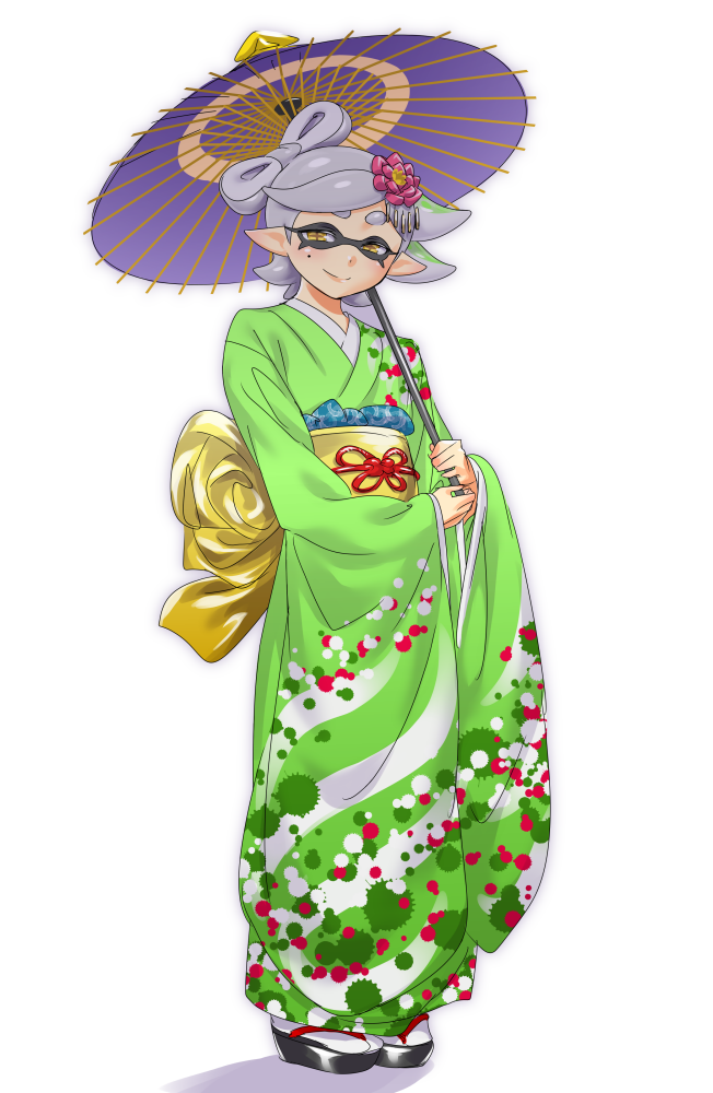 1girl, aori_(splatoon), blush, flower, full_body, grey_hair, hair_flower, hair_ornament