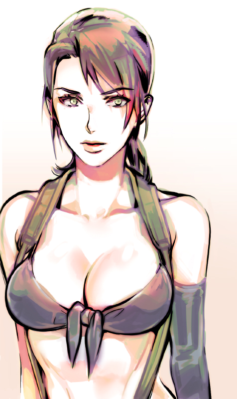 1girl, bikini, black_bikini, black_gloves, breasts, brown_background, brown_hair, cleavage, collarbone, front-tie_bikini, front-tie_top, gloves, gradient, gradient_background, green_eyes, looking_at_viewer, metal_gear_(series), metal_gear_solid, metal_gear_solid_v, open_mouth, ponytail, quiet_(metal_gear), single_elbow_glove, solo, suspenders, swimsuit, upper_body, white_background, yurizuka_(sergeant_heart)