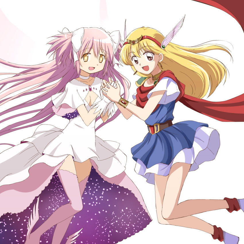 1girl, 2girls, akazukin_chacha, blonde_hair, brown_eyes, crossover, dress, gloves, goddess_madoka, highres, kaname_madoka, kinfuji, long_hair, magical_girl, magical_princess, mahou_shoujo_madoka_magica, mahou_shoujo_madoka_magica_movie, multiple_girls, official_style, pink_hair, scarf, spoilers, tiara, twintails, two_side_up, white_dress, white_gloves, yellow_eyes