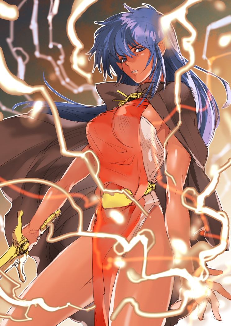 1girl, arshes_nei, bastard!!, blue_eyes, blue_hair, breasts, cape, cowboy_shot