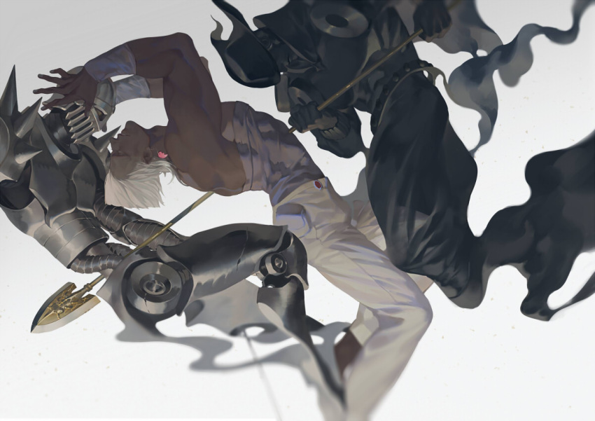 1boy, arrow, blurry, earrings, jean_pierre_polnareff, jewelry, jojo_no_kimyou_na_bouken, male_focus, rei_(sanbonzakura), silver_chariot, silver_chariot_requiem, stabbing, stand_(jojo), wristband