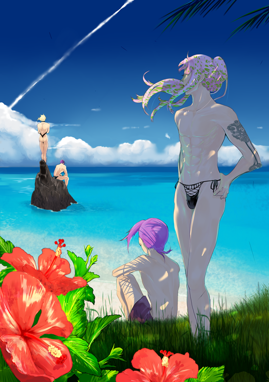 abs, beach, blonde_hair, blue_sky, boorunrun, clouds, diavolo, dio_brando