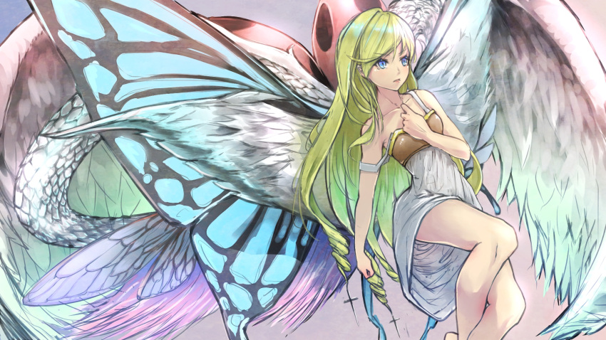 1girl, angel_wings, bird_wings, blonde_hair, blue_eyes, butterfly_wings, clenched_hand, cross