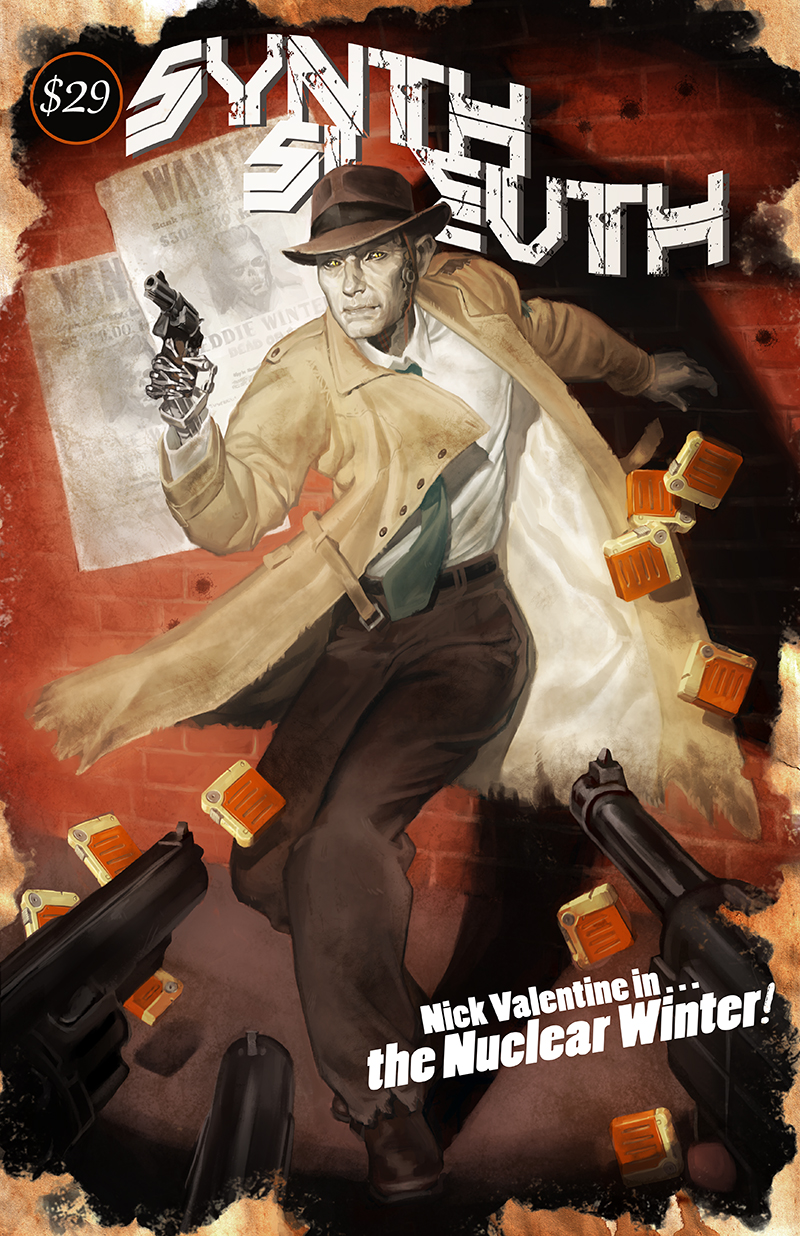 1boy, android, crystal_graziano, english, fallout, fallout_4, gun, handgun, highres, nick_valentine, revolver, weapon