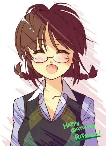akizuki_ritsuko, argyle, closed_eyes, college_of_angel_(idolmaster), glasses, happy_birthday, idolmaster, solo