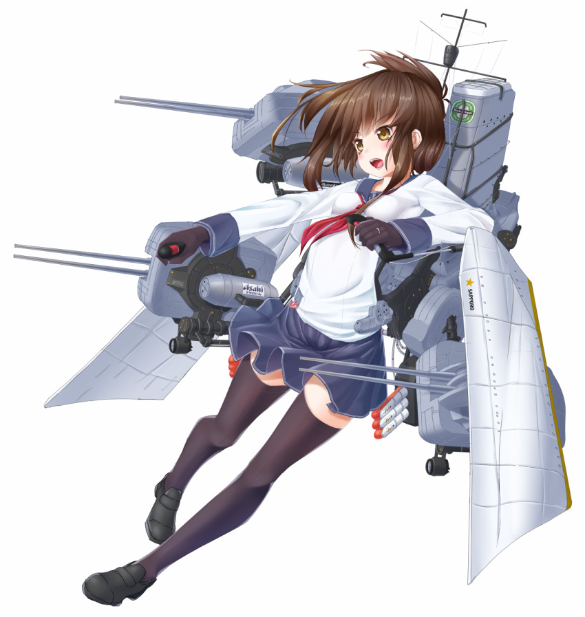 1girl, alternate_legwear, anchor_symbol, asahi_(beer), black_gloves, black_legwear, blouse, brown_hair