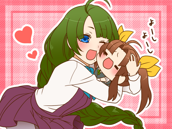 2girls, :d, =_=, ahoge, blouse, blue_eyes, blush, bowtie