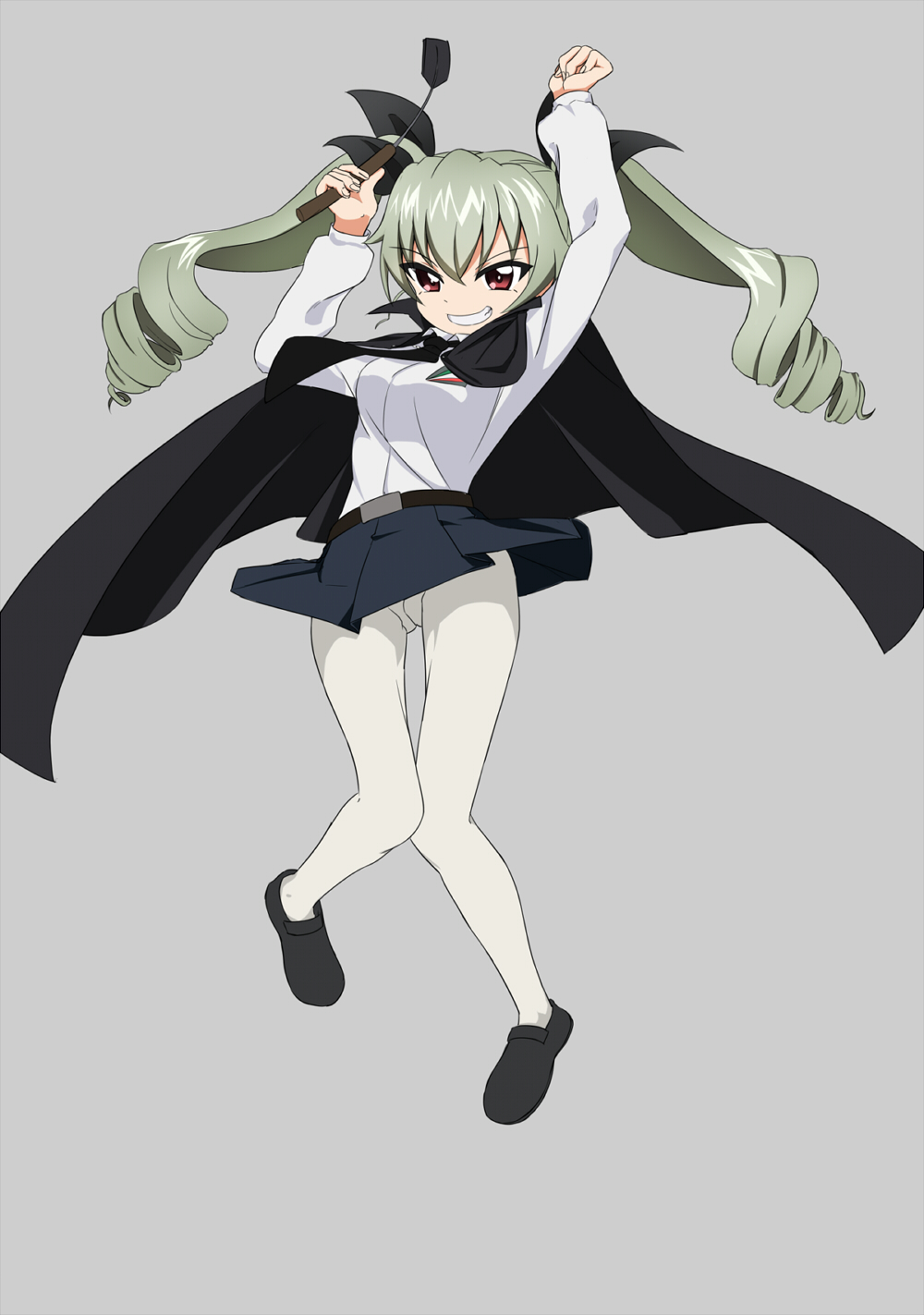 1girl, anchovy, belt, blue_skirt, cape, dress_shirt, drill_hair, full_body