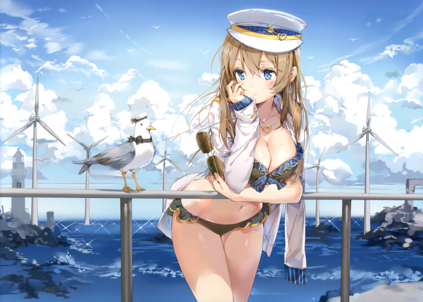 1girl, absurdres, alessandra_susu, anchor_earrings, anmi, bikini, bird, black_bikini