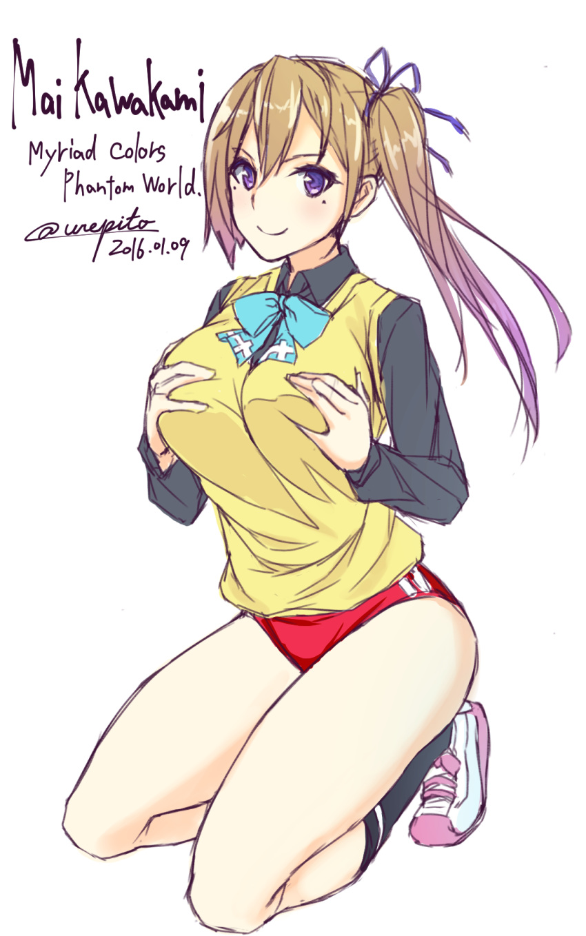 1girl, blonde_hair, blush, breasts, buruma, hair_ribbon, highres, kawakami_mai