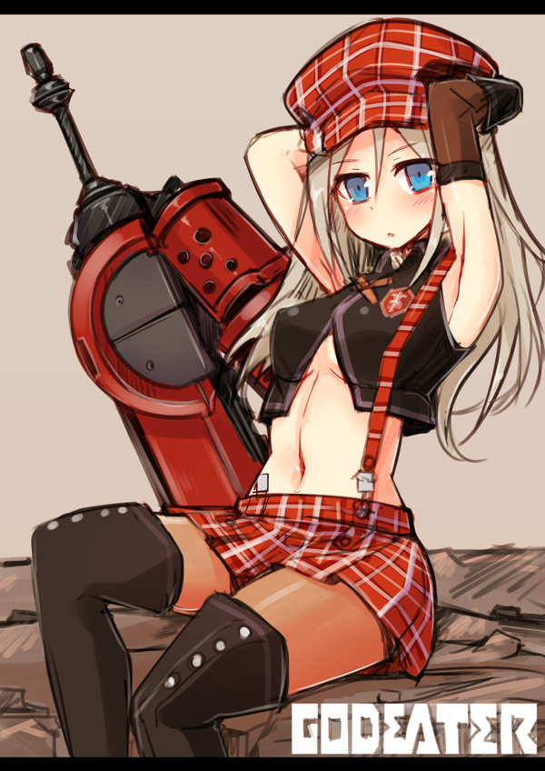 1girl, alisa_ilinichina_amiella, bare_shoulders, blue_eyes, boots, breasts, elbow_gloves, fingerless_gloves