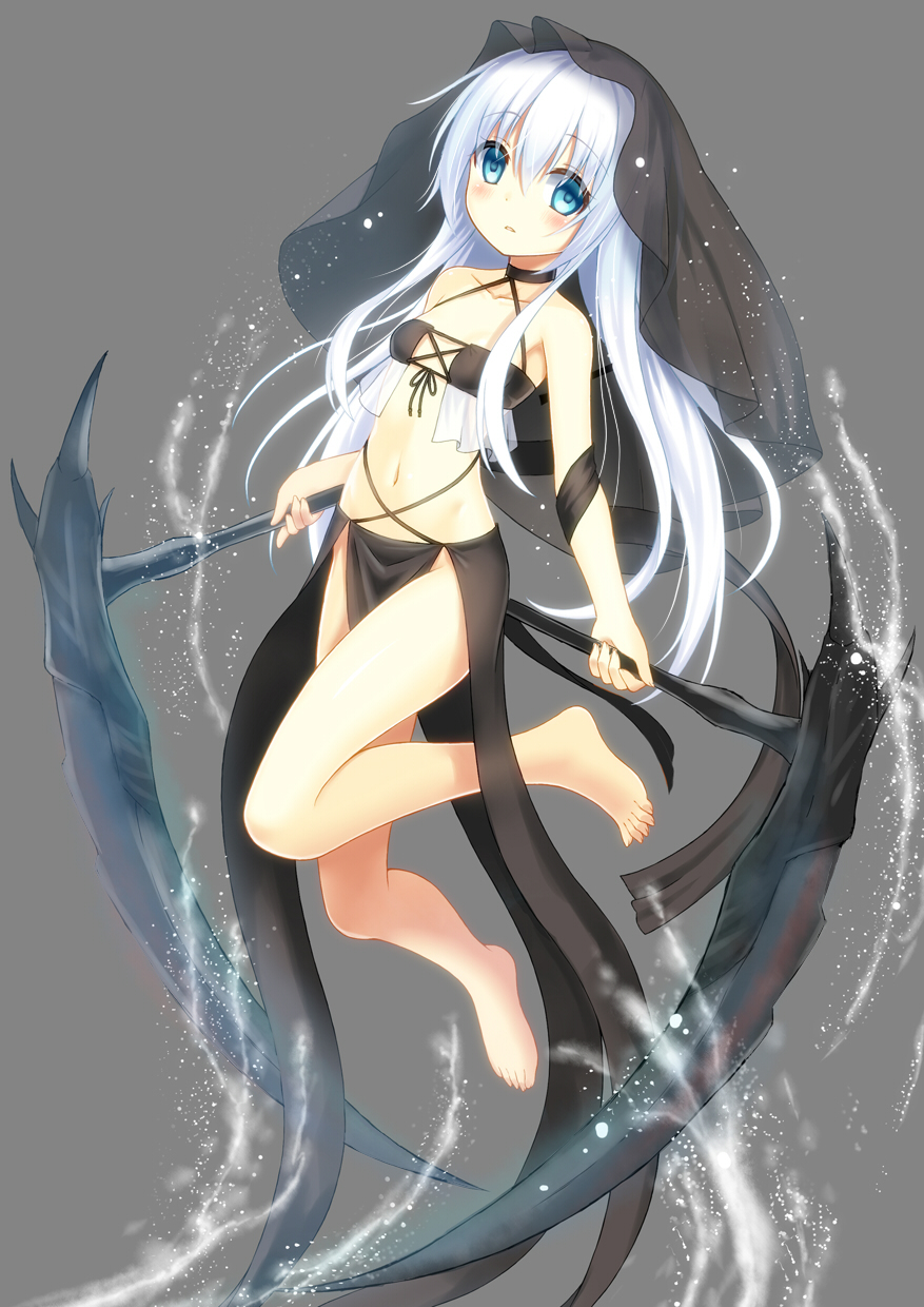 1girl, barefoot, blue_eyes, dual_wielding, highres, long_hair, navel, scythe