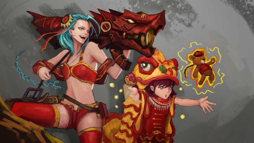 2girls, adapted_costume, ahoge, annie_hastur, aqua_hair, blue_eyes, cannon, chinese_new_year