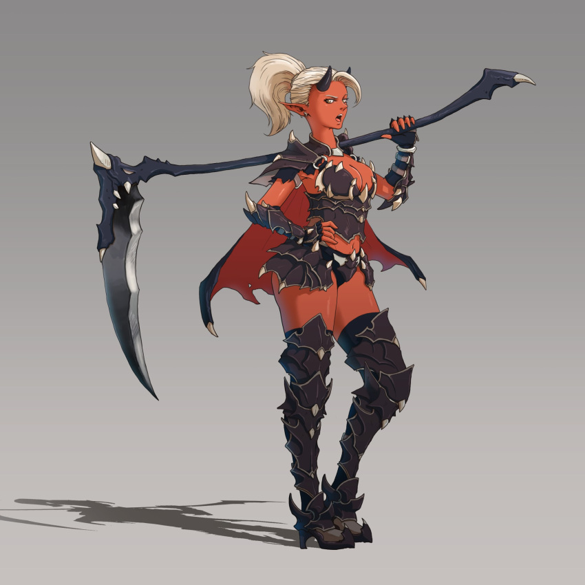 1girl, armor, bikini_armor, black_legwear, blonde_hair, breasts, cape, cleavage, demon_girl, demon_horns, earrings, ernesto_irawan, faulds, fingerless_gloves, forehead, full_body, gloves, greaves, grey_background, hand_on_hip, highres, horns, jewelry, over_shoulder, pauldrons, pointy_ears, ponytail, red_skin, scythe, solo, thigh-highs, valiant_force, weapon, weapon_over_shoulder, yellow_eyes