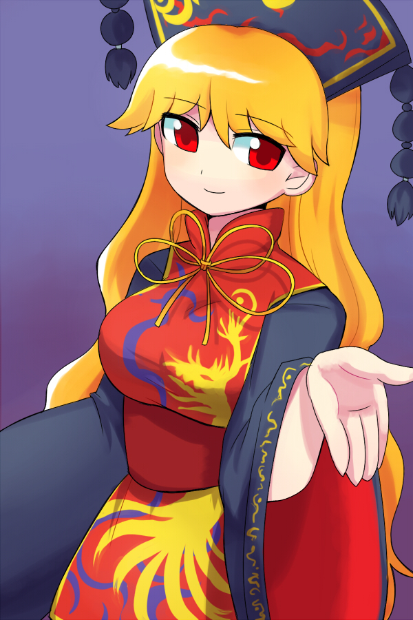 1girl, animal_print, black_dress, blonde_hair, breasts, chinese_clothes, cowboy_shot, dress