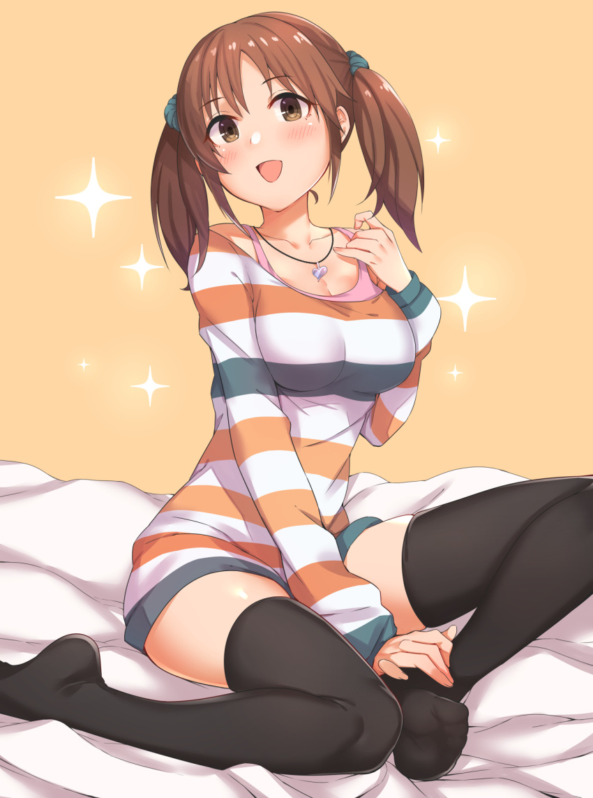 1girl, bangs, beige_background, black_legwear, blush, breasts, brown_eyes, brown_hair