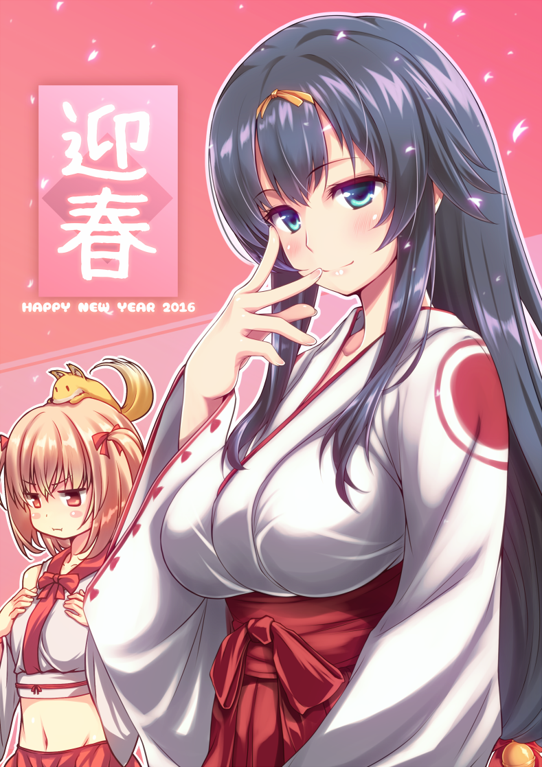 2016, 2girls, :i, animal_on_head, bell, big_wednesday, black_hair, blonde_hair, blue_eyes, blush, blush_stickers, bow, breast_envy, breasts, fox, fox_on_head, hair_bell, hair_bow, hair_ornament, hair_ribbon, hakama, hand_on_own_face, japanese_clothes, kagura_(sennen_sensou_aigis), large_breasts, long_hair, midriff, miko, multiple_girls, navel, new_year, nontraditional_miko, red_eyes, ribbon, sennen_sensou_aigis, shiho_(sennen_sensou_aigis), short_hair, smile, two_side_up, very_long_hair