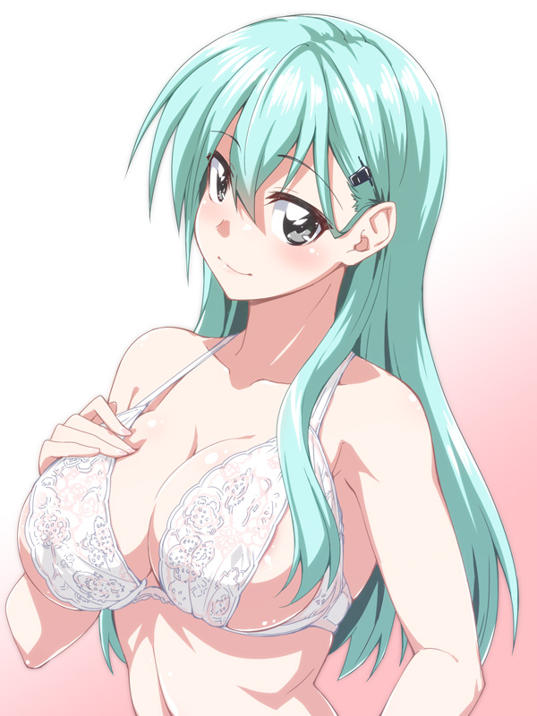 1girl, aqua_eyes, aqua_hair, bra, breast_suppress, breasts, cleavage, collarbone