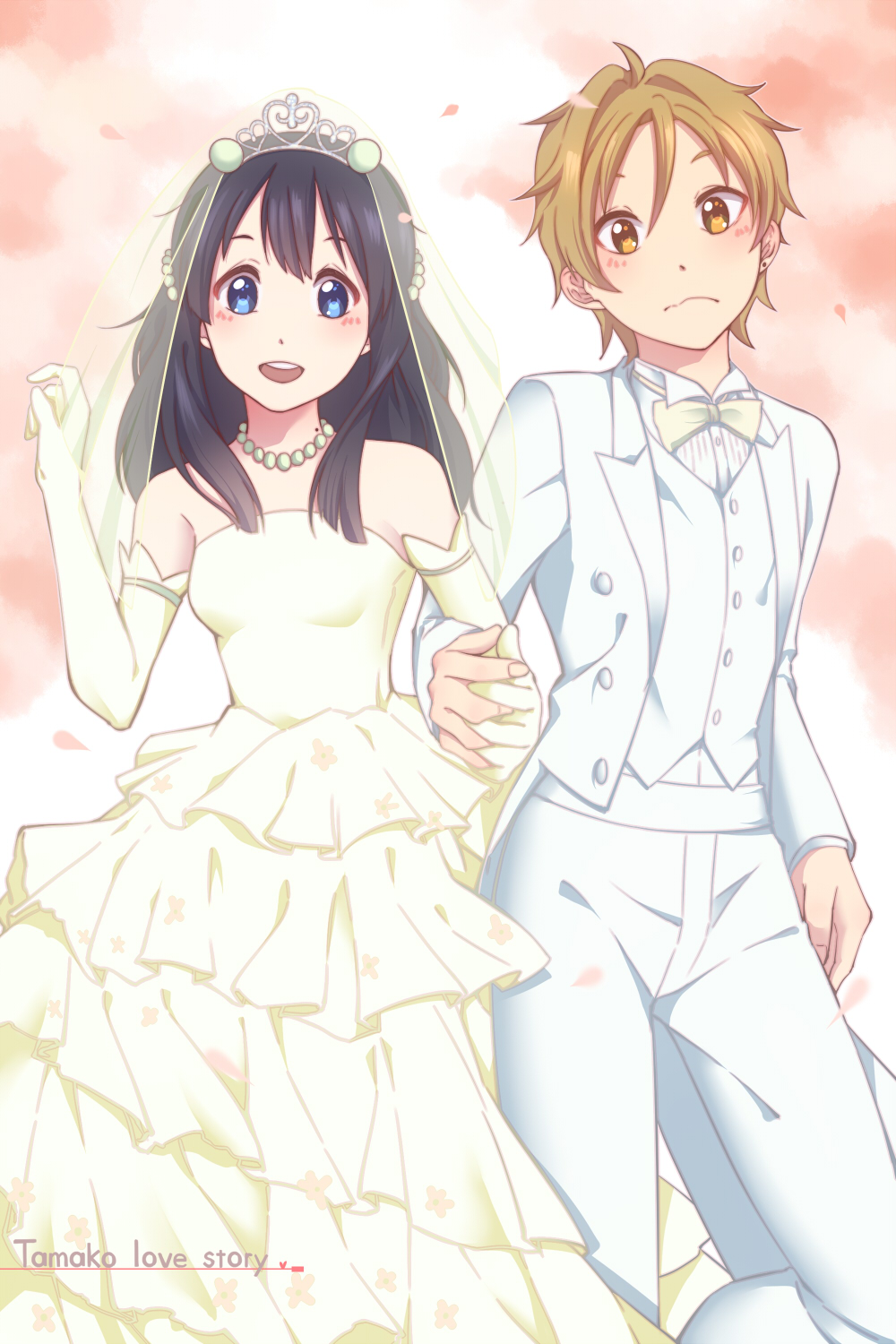 1boy, 1girl, black_hair, blue_eyes, bridal_veil, brown_eyes, brown_hair, couple