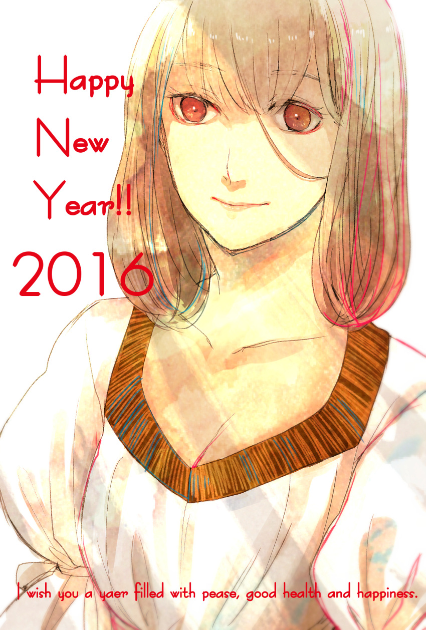 1girl, brown_eyes, brown_hair, english, happy_new_year, highres, long_hair, nengajou, new_year, original, solo, takamura_ryou_(memento021), typo