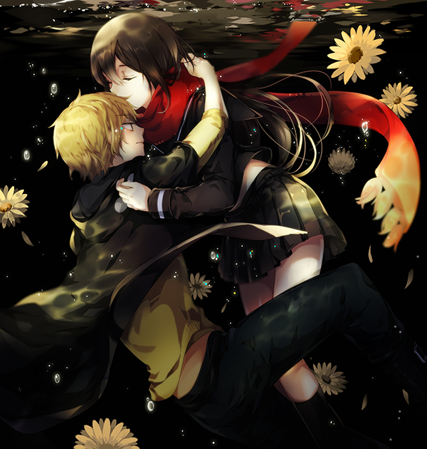 1boy, 1girl, closed_eyes, flower, hood, hoodie, hug, kagerou_project