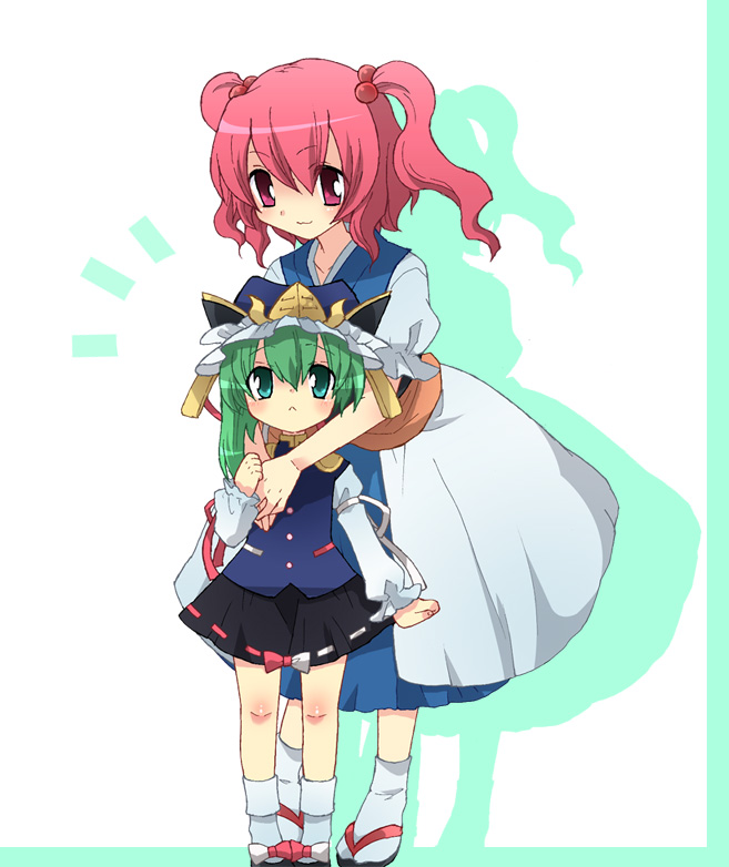 2girls, =<, =3, artist_request, bad_id, blue_eyes, blush, green_hair