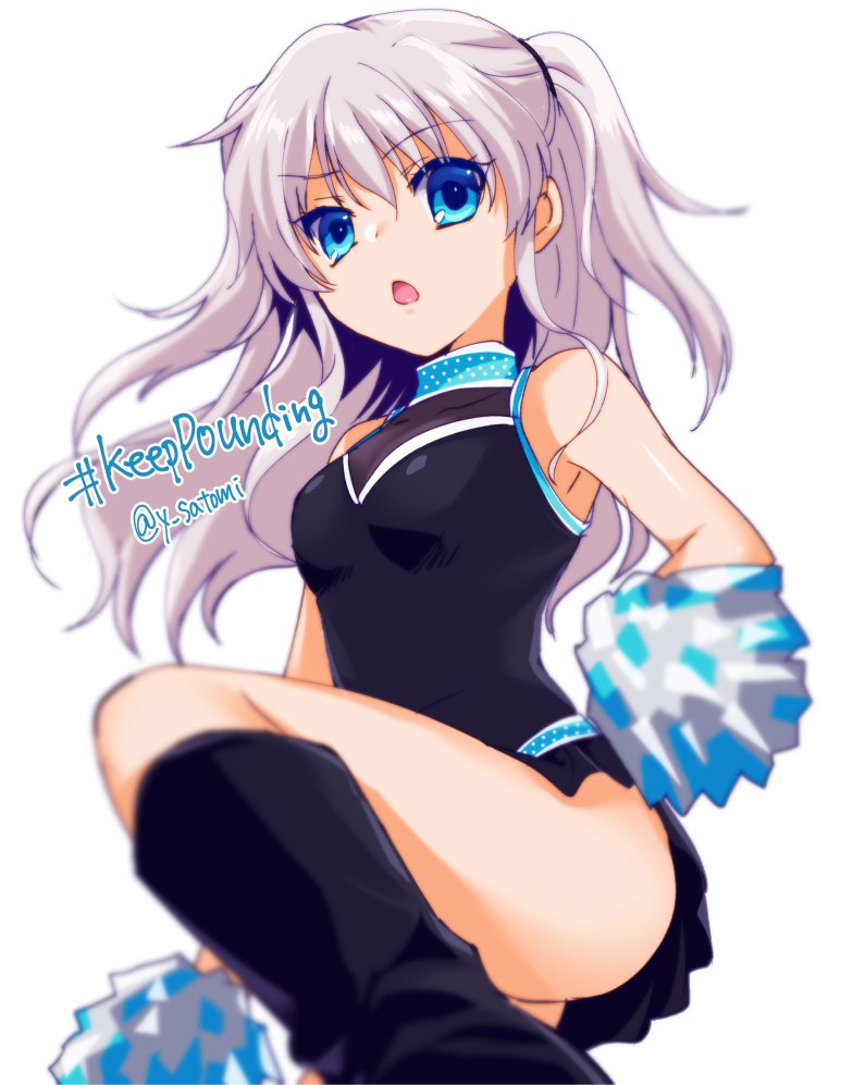 1girl, blue_eyes, blurry, carolina_panthers, charlotte_(anime), cheerleader, depth_of_field, english