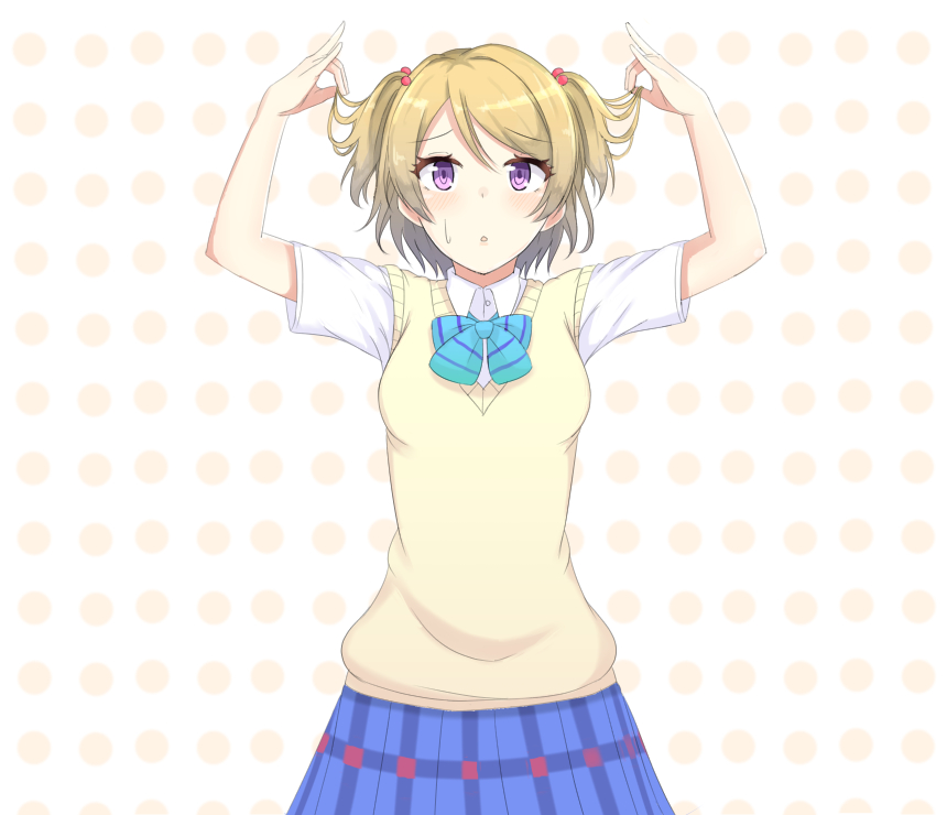 1girl, alternate_hairstyle, arms_up, blush, brown_hair, hair_bobbles, hair_ornament, koizumi_hanayo