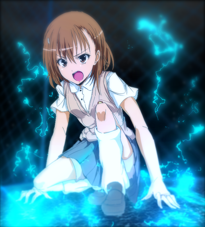 1girl, biribiri, brown_eyes, brown_hair, electricity, misaka_mikoto, school_uniform, sugari