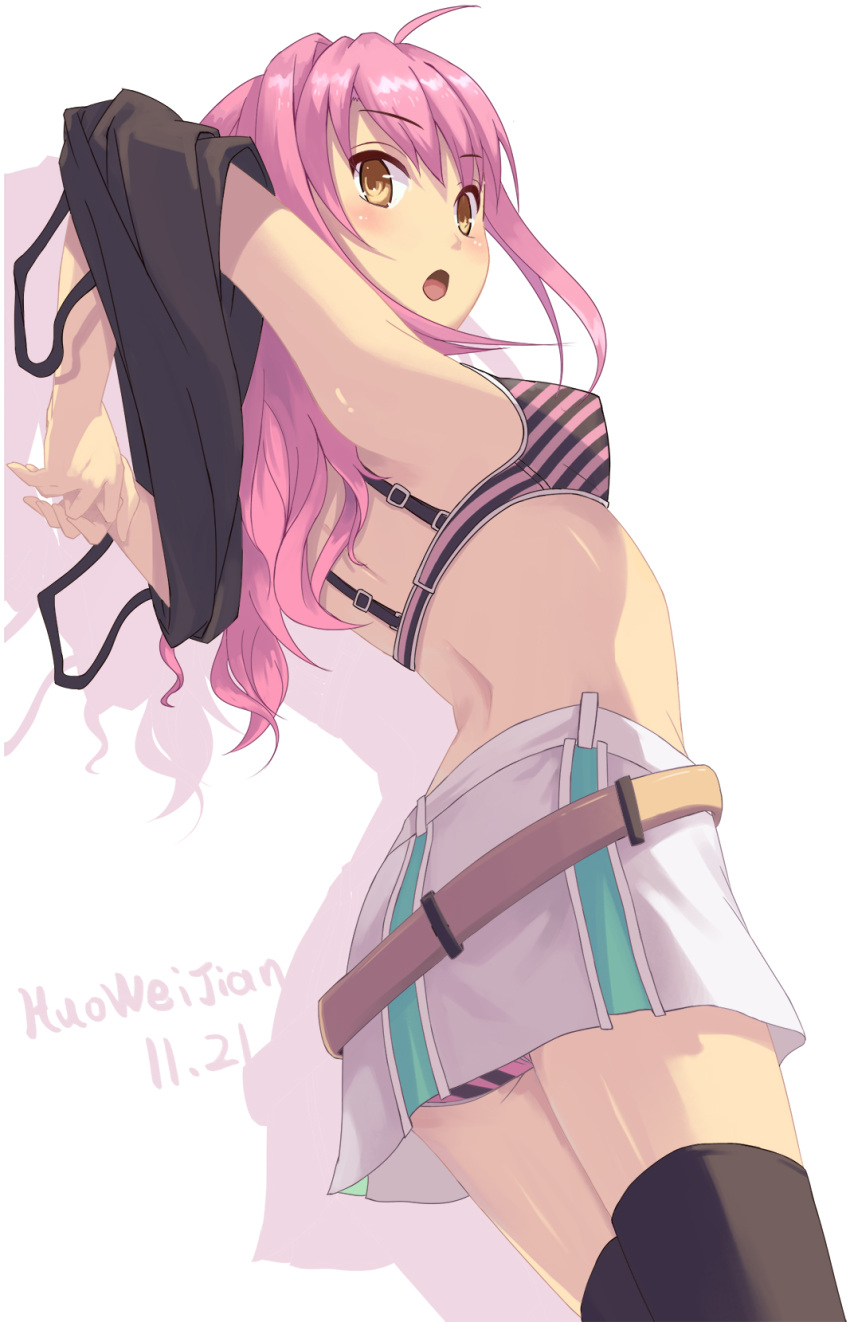 1girl, :o, artist_name, belt, black_legwear, black_shirt, blush, bra