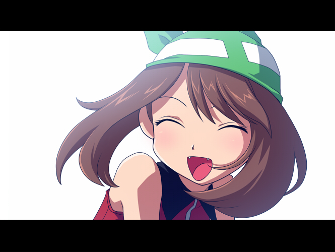 1girl, :d, ^_^, bad_id, bandana, bare_shoulders, brown_hair, closed_eyes, fang, fangs, glow, letterboxed, matunoha, miyu_(matsunohara), odamaki_sapphire, open_mouth, pokemon, pokemon_special, short_hair, simple_background, smile, solo, white_background