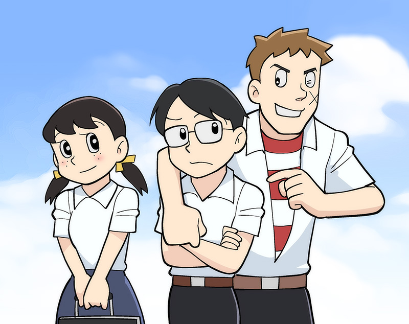 1girl, 2boys, ;d, bag, belt, black_eyes, black_hair, blue_sky