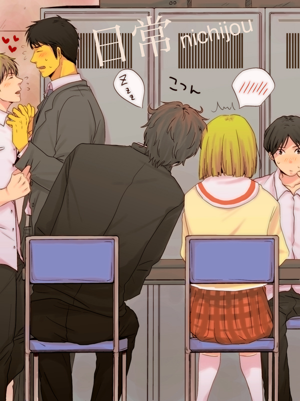 1girl, blonde_hair, blush, brown_hair, collarbone, collared_shirt, daiku_kenzaburou, falling