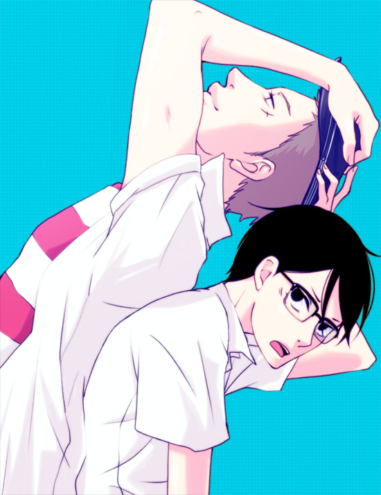 2boys, back-to-back, kawabuchi_sentarou, male_focus, multiple_boys, nishimi_kaoru, sakamichi_no_apollon, tagme