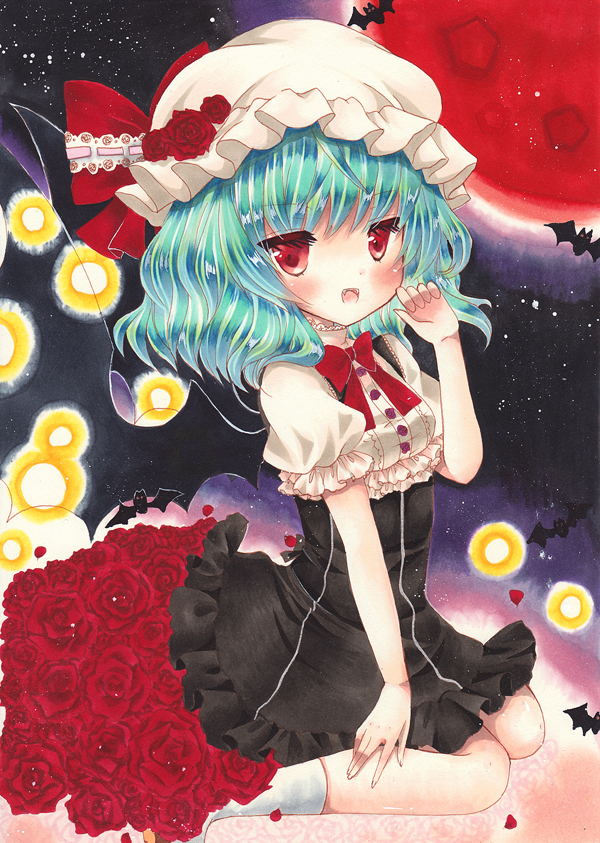 1girl, asa1014, bat, blue_hair, blush, bow, flower, hat, hat_bow, mob_cap, moon, open_mouth, red_eyes, red_moon, remilia_scarlet, rose, sitting, solo, touhou, wariza