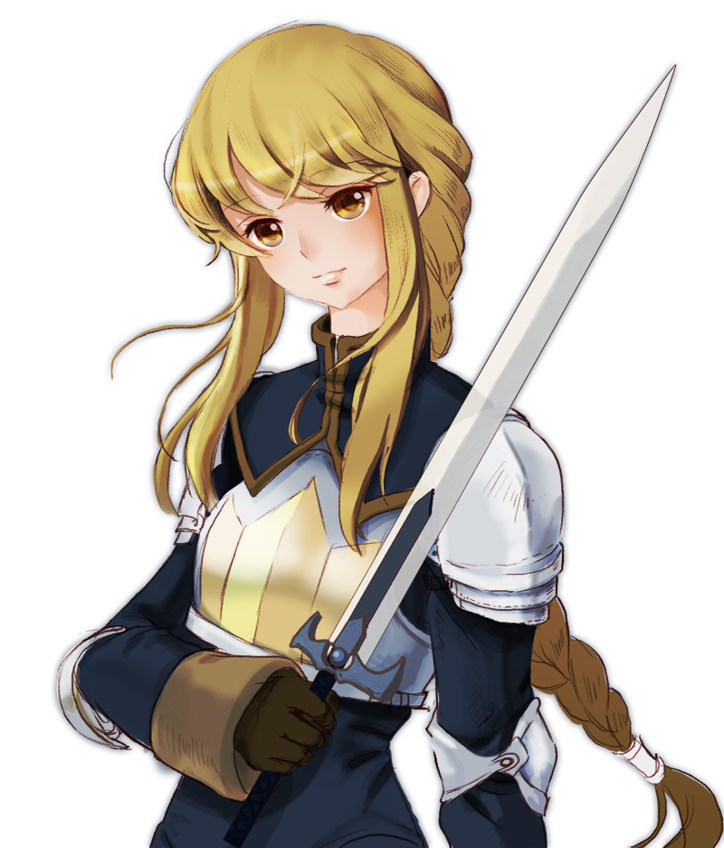 1girl, agrias_oaks, armor, blonde_hair, blush, braid, breastplate, brown_gloves