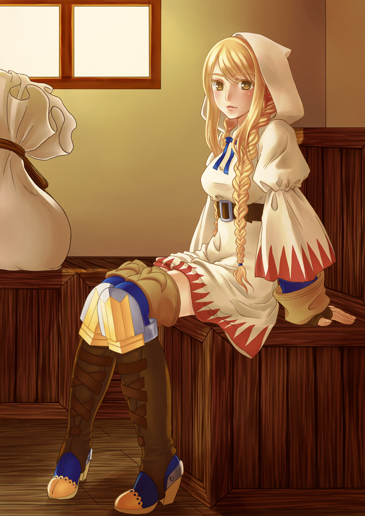 1girl, agrias_oaks, angelsyndrome, belt, blonde_hair, blush, boots, box