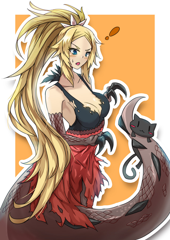 !, 1girl, blonde_hair, blue_eyes, blush_stickers, breasts, cat, churio
