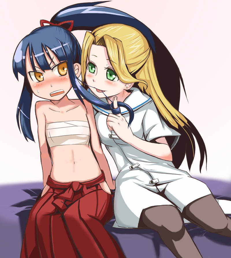 blonde_hair, blue_hair, bushidou_(sekaiju), chest_wrap, dan_(orange_train), green_eyes, hakama, japanese_clothes, medic_(sekaiju), multiple_girls, no_shirt, pantyhose, sarashi, sekaiju_no_meikyuu, yellow_eyes, yuri
