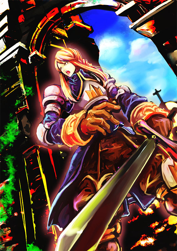 1girl, agrias_oaks, aratako, armor, blonde_hair, braid, brown_eyes, building
