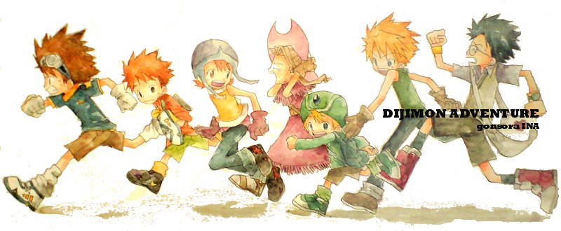 blonde_hair, brown_hair, digimon, digimon_adventure, gloves, goggles, hat, ina_(gonsora)