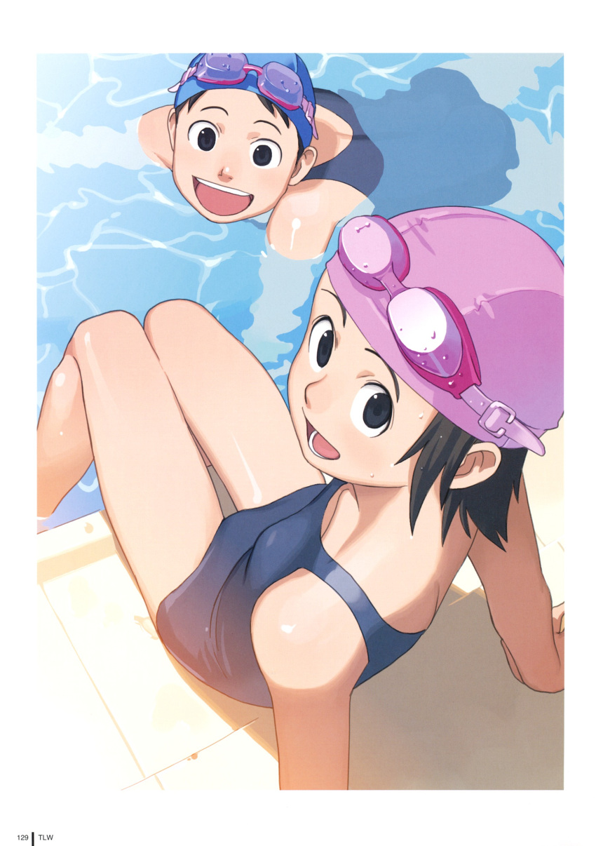 absurdres, black_eyes, child, goggles, highres, multiple_girls, one-piece_swimsuit, school_swimsuit