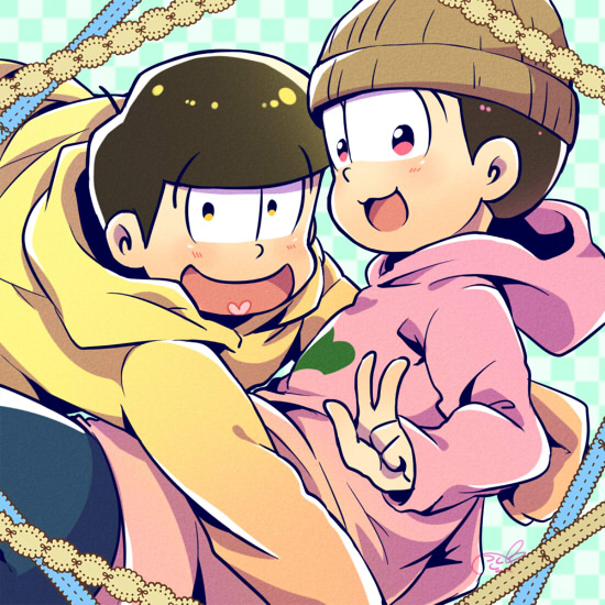 2boys, beanie, brothers, hat, hood, hoodie, looking_at_viewer, matsuno_juushimatsu