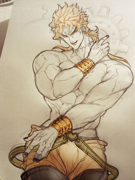1boy, abs, blonde_hair, cowboy_shot, dio_brando, earrings, gears, jewelry, jojo_no_kimyou_na_bouken, lipstick, makeup, male_focus, muscle, nail_polish, orange_eyes, photo, pose, purple_nails, scar, shirtless, sketch, solo, tazawa_(odamura), traditional_media, wrist_cuffs, yellow_lipstick