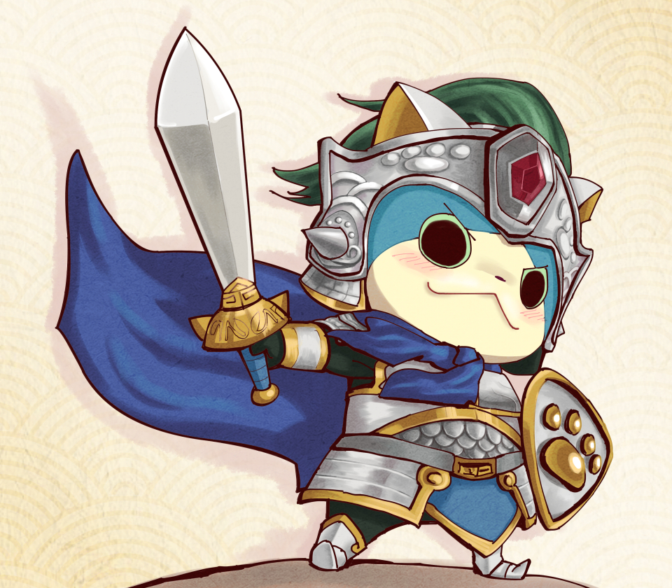 armor, blush, cape, cat, full_body, hinako_iroiro, knight, looking_at_viewer, no_humans, notched_ear, nyankishi, seigaiha, shield, solo, standing, sword, weapon, youkai, youkai_watch