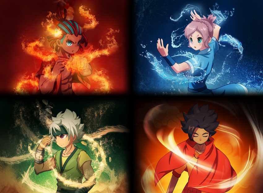 1girl, 3boys, abs, aqua_eyes, avatar:_the_last_airbender, braid, chitu, closed_eyes, element_bending, headband, highres, ibuki_munemasa, matatagi_hayato, multiple_boys, nozaki_sakura, open_mouth, pink_hair, tetsukado_shin, white_hair