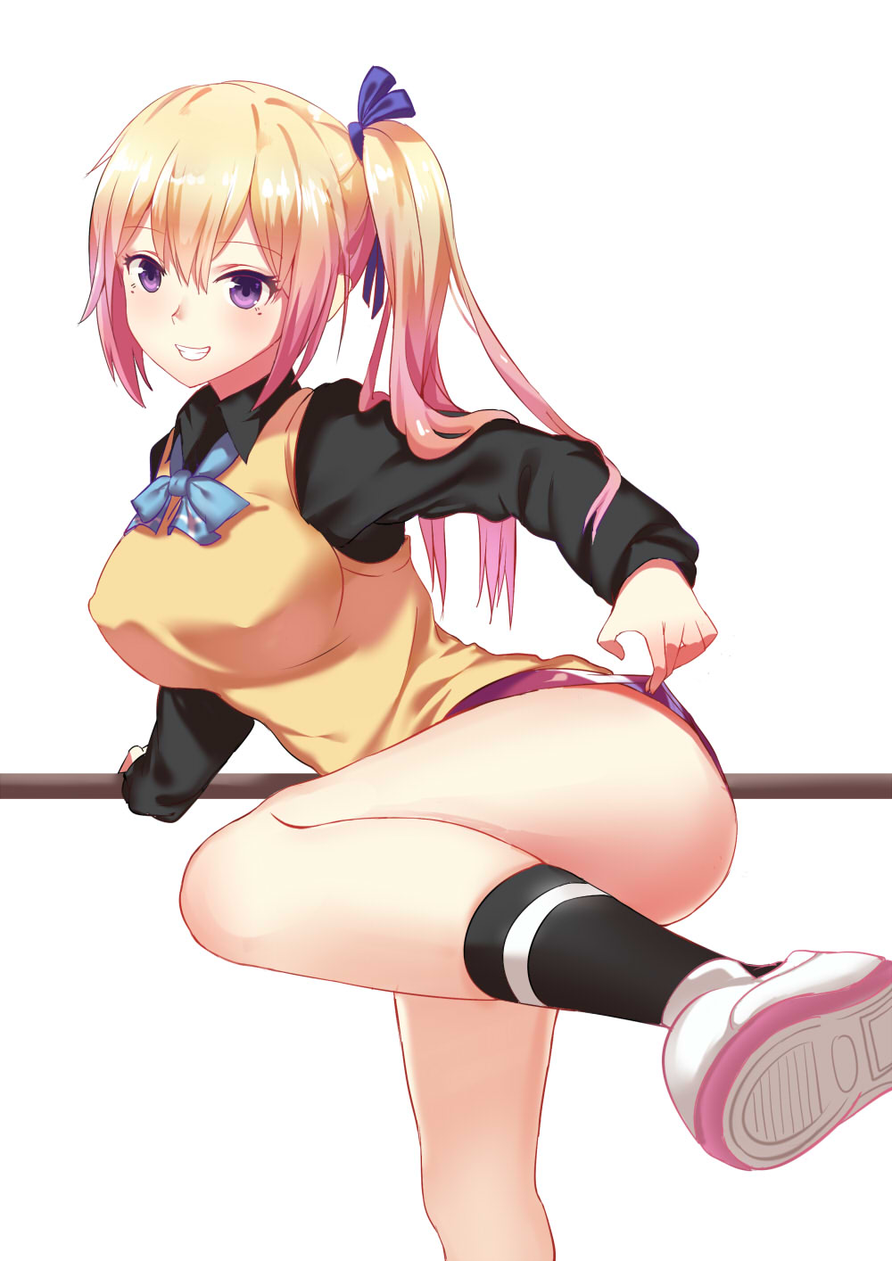 1girl, barre, black_shirt, blonde_hair, blue_bowtie, blue_ribbon, breasts, buruma, buruma_lift, collared_shirt, gradient_hair, grin, hair_ribbon, highres, holding, kawakami_mai, kneehighs, large_breasts, leaning_to_the_side, leg_up, lifted_by_self, long_hair, looking_at_viewer, mole, mole_under_eye, multicolored_hair, musaigen_no_phantom_world, pink_hair, pole, ribbon, school_uniform, shirt, shoes, side_ponytail, simple_background, smile, sneakers, solo, standing_on_one_leg, sweater_vest, thighs, violet_eyes, xiao_chichi